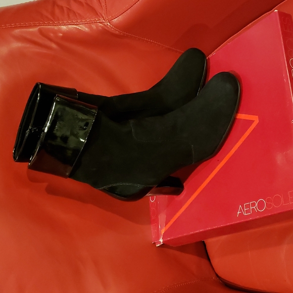 Aerosoles NEW Suede Leather Comfort Heel Boots Booties Patent Contrast BLACK 10M - Picture 3 of 16